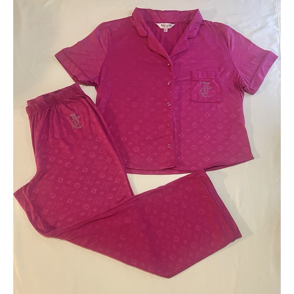 Juicy Couture 2pc Top Pants Pajamas Sz L Rhinestones Embossed Fairy Glam EUC